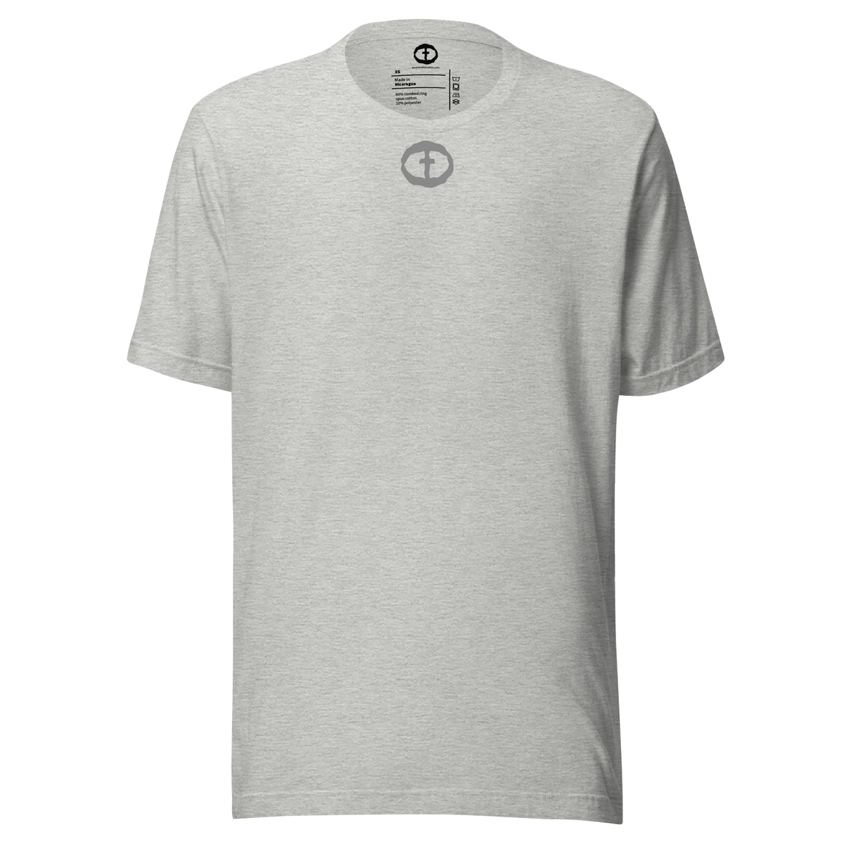 Front view of the athletic heather Men's Upper Rock and Salvation Tee with a small dark circular cross logo on the chest, ghost-mannequin on white.