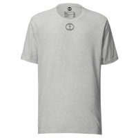 Front view of the athletic heather Men's Upper Rock and Salvation Tee with a small dark circular cross logo on the chest, ghost-mannequin on white.