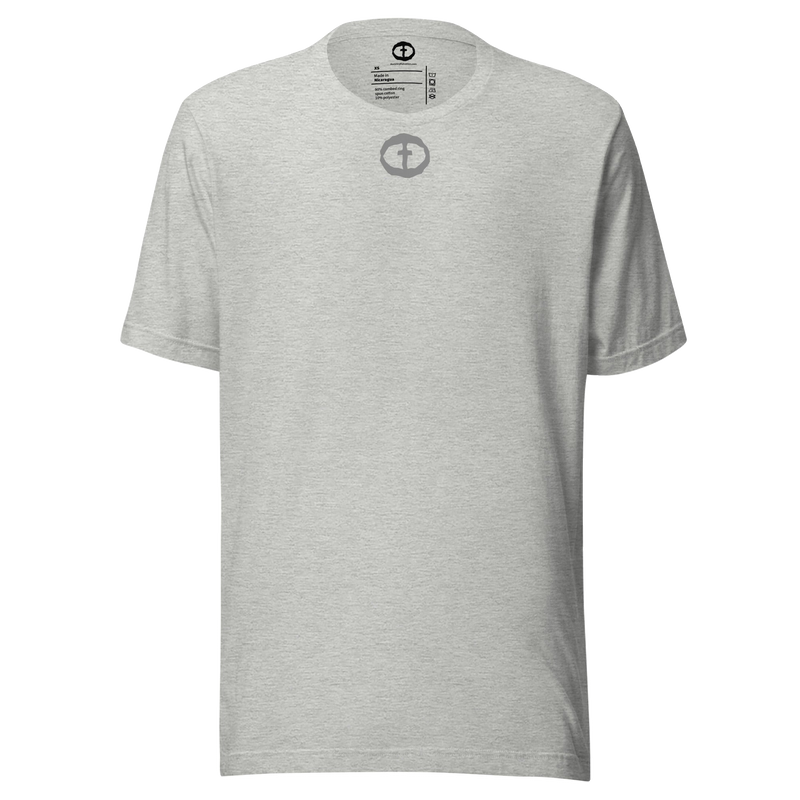 Front view of the athletic heather Men's Upper Rock and Salvation Tee with a small dark circular cross logo on the chest, ghost-mannequin on white.