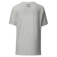 Back view of the athletic heather Men's Upper Rock and Salvation Tee with a small dark circular cross logo at the nape, ghost-mannequin on white.