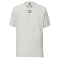 Front view of the silver Men's Upper Rock and Salvation Tee with a small dark circular cross logo on the chest, ghost-mannequin on white.