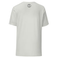 Back view of the silver Men's Upper Rock and Salvation Tee with a small dark circular cross logo at the nape, ghost-mannequin on white.