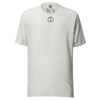 Front view of the ash Men's Upper Rock and Salvation Tee with a small dark circular cross logo on the chest, ghost-mannequin on white.