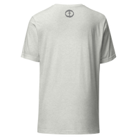 Back view of the ash Men's Upper Rock and Salvation Tee with a small dark circular cross logo at the nape, ghost-mannequin on white.