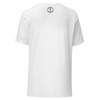 Back view of the solid white blend Men's Upper Rock and Salvation Tee with a small dark circular cross logo at the nape, ghost-mannequin on white.
