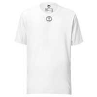 Front view of the white Men's Upper Rock and Salvation Tee with a small dark circular cross logo on the chest, ghost-mannequin on white.