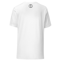 Back view of the white Men's Upper Rock and Salvation Tee with a small dark circular cross logo at the nape, ghost-mannequin on white.