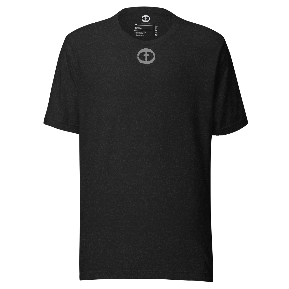 Front view of the charcoal heather Men's Upper Rock and Salvation Tee with a small light-gray circular cross logo on the chest, ghost-mannequin on white.