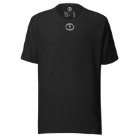 Front view of the charcoal heather Men's Upper Rock and Salvation Tee with a small light-gray circular cross logo on the chest, ghost-mannequin on white.