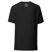 Back view of the charcoal heather Men's Upper Rock and Salvation Tee with a small light-gray circular cross logo at the nape, ghost-mannequin on white.