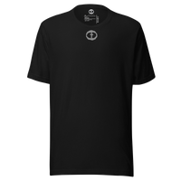 Front view of the black Men's Upper Rock and Salvation Tee with a small light-gray circular cross logo on the chest, ghost-mannequin on white.