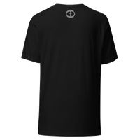 Back view of the black Men's Upper Rock and Salvation Tee with a small light-gray circular cross logo at the nape, ghost-mannequin on white.