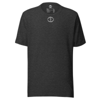 Front view of the dark grey heather Men's Upper Rock and Salvation Tee with a small light-gray circular cross logo on the chest, ghost-mannequin on white.