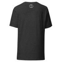 Back view of the dark grey heather Men's Upper Rock and Salvation Tee with a small light-gray circular cross logo at the nape, ghost-mannequin on white.