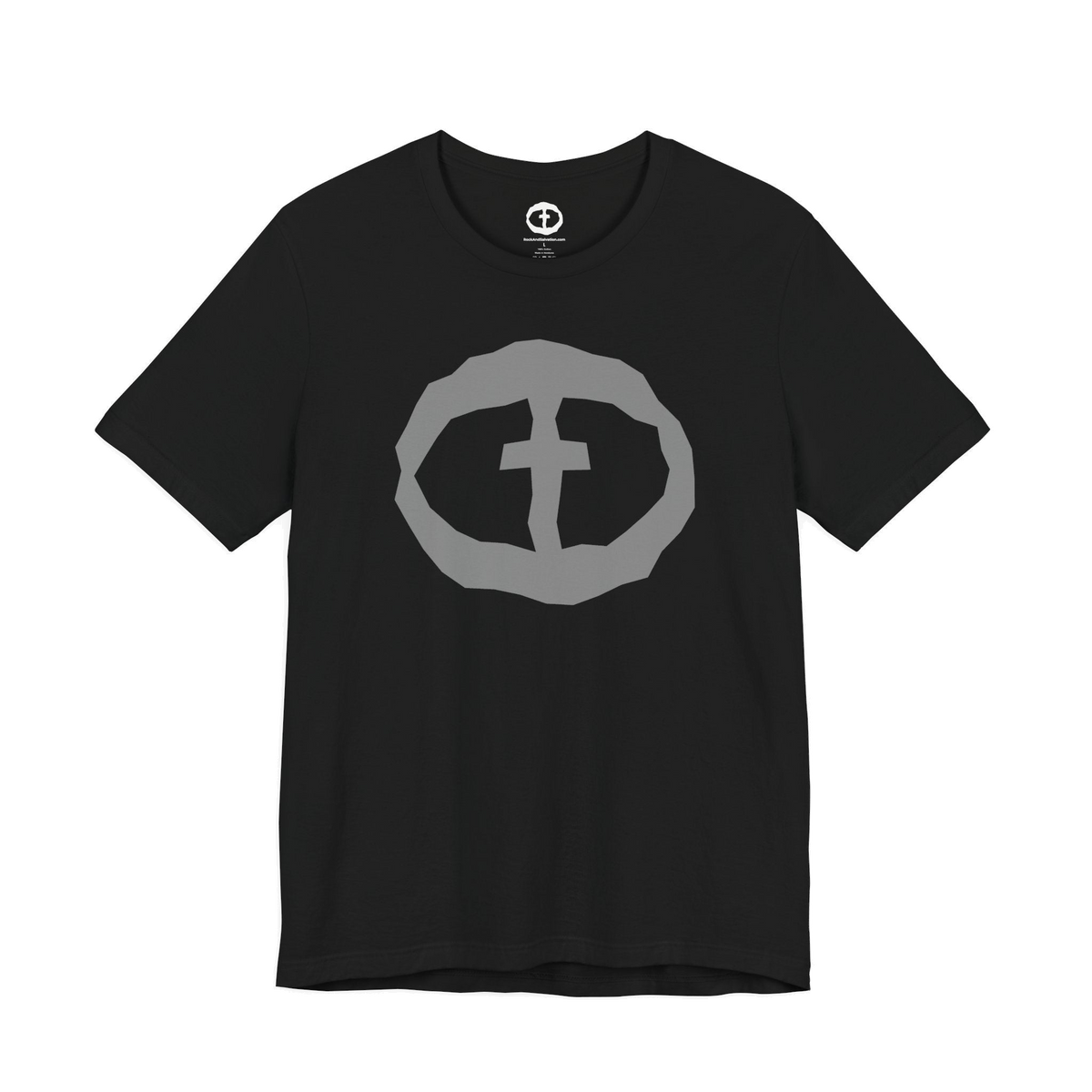 Front view of the black Men's Rock and Salvation Front Graphic Tee.