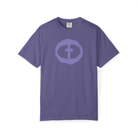 Front view of the grape Women's Heavyweight Front Graphic Tee.