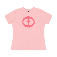 Front view of the pink Women's Pink Rock and Salvation Front Graphic Tee.