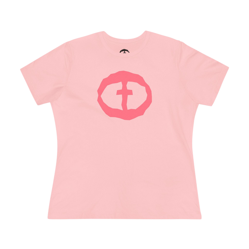 Front view of the pink Women's Pink Rock and Salvation Front Graphic Tee.