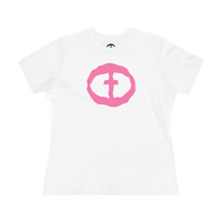 Front view of the white Women's Pink Rock and Salvation Front Graphic Tee.