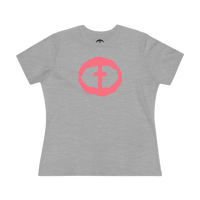 Front view of the athletic heather Women's Pink Rock and Salvation Front Graphic Tee.