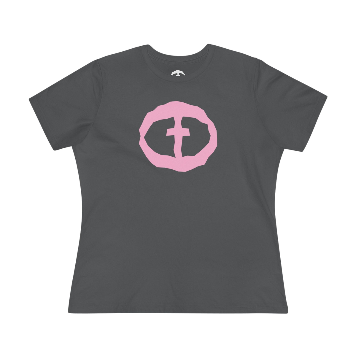 Front view of the asphalt Women's Pink Rock and Salvation Front Graphic Tee.