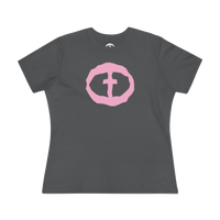 Front view of the asphalt Women's Pink Rock and Salvation Front Graphic Tee.