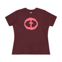 Front view of the maroon Women's Pink Rock and Salvation Front Graphic Tee.