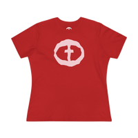 Front view of the red Women's Pink Rock and Salvation Front Graphic Tee.
