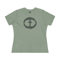 Front view of the sage Women's Rock and Salvation Front Graphic Tee.