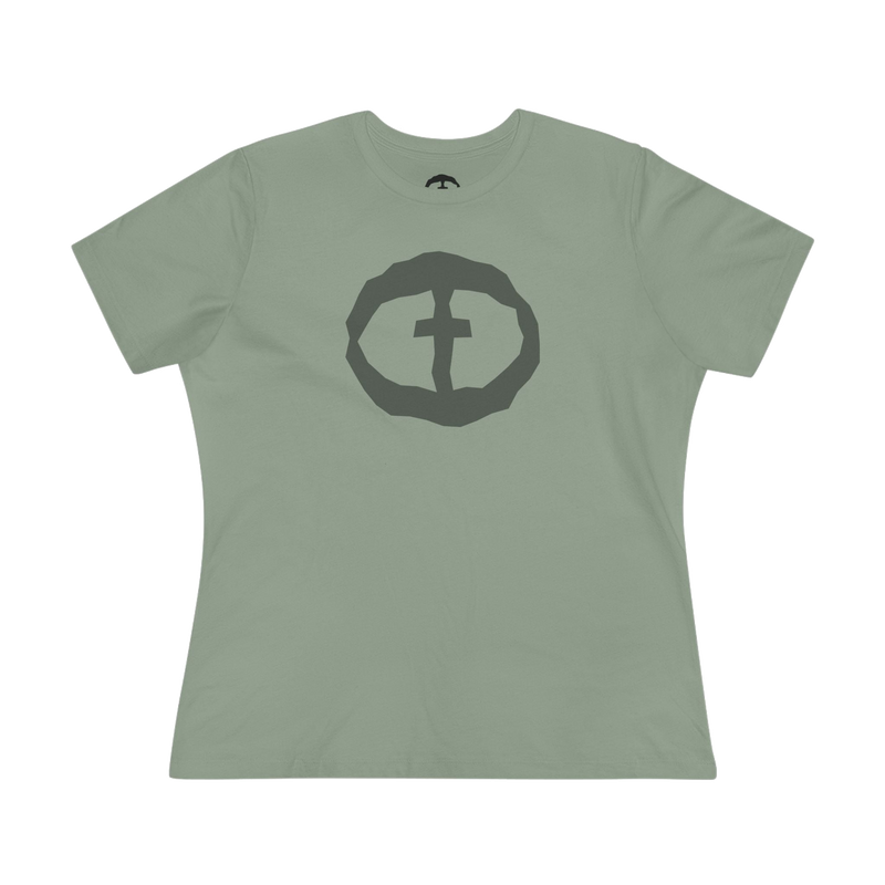 Front view of the sage Women's Rock and Salvation Front Graphic Tee.