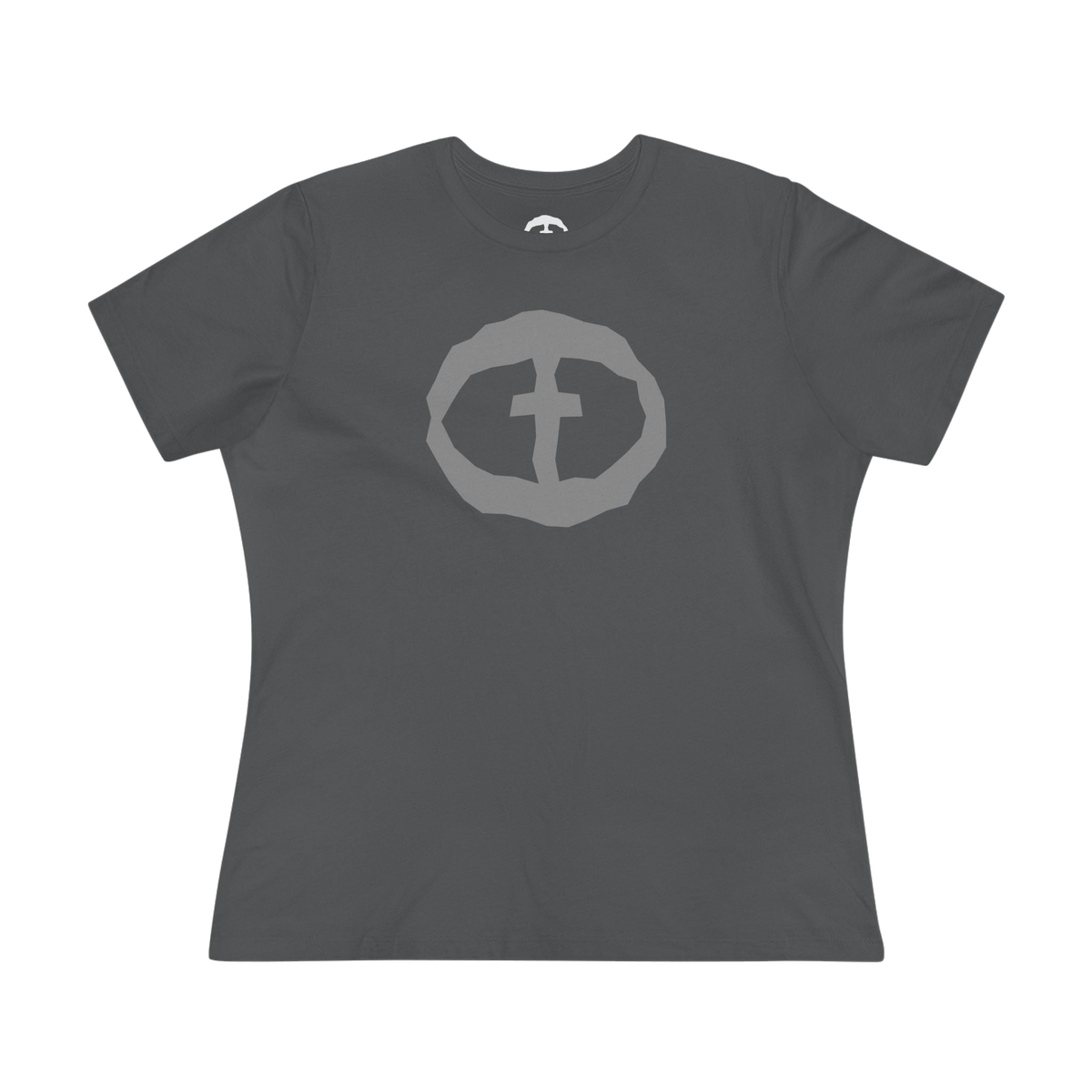 Front view of the asphalt Women's Rock and Salvation Front Graphic Tee.