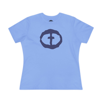 Front view of the carolina blue Women's Rock and Salvation Front Graphic Tee.