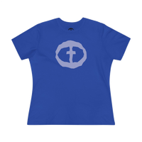 Front view of the true royal Women's Rock and Salvation Front Graphic Tee.