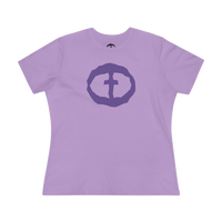 Front view of the dark lavender Women's Purple Rock and Salvation Front Graphic Tee.