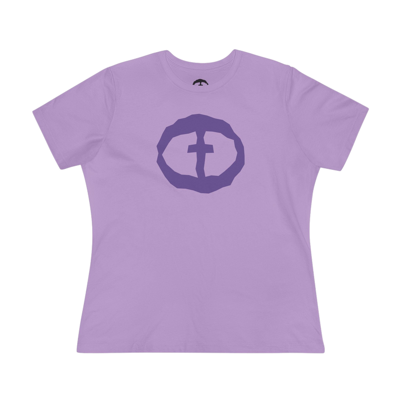 Front view of the dark lavender Women's Purple Rock and Salvation Front Graphic Tee.