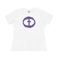 Front view of the white Women's Purple Rock and Salvation Front Graphic Tee.