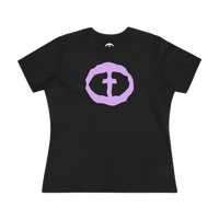 Front view of the black Women's Purple Rock and Salvation Front Graphic Tee.