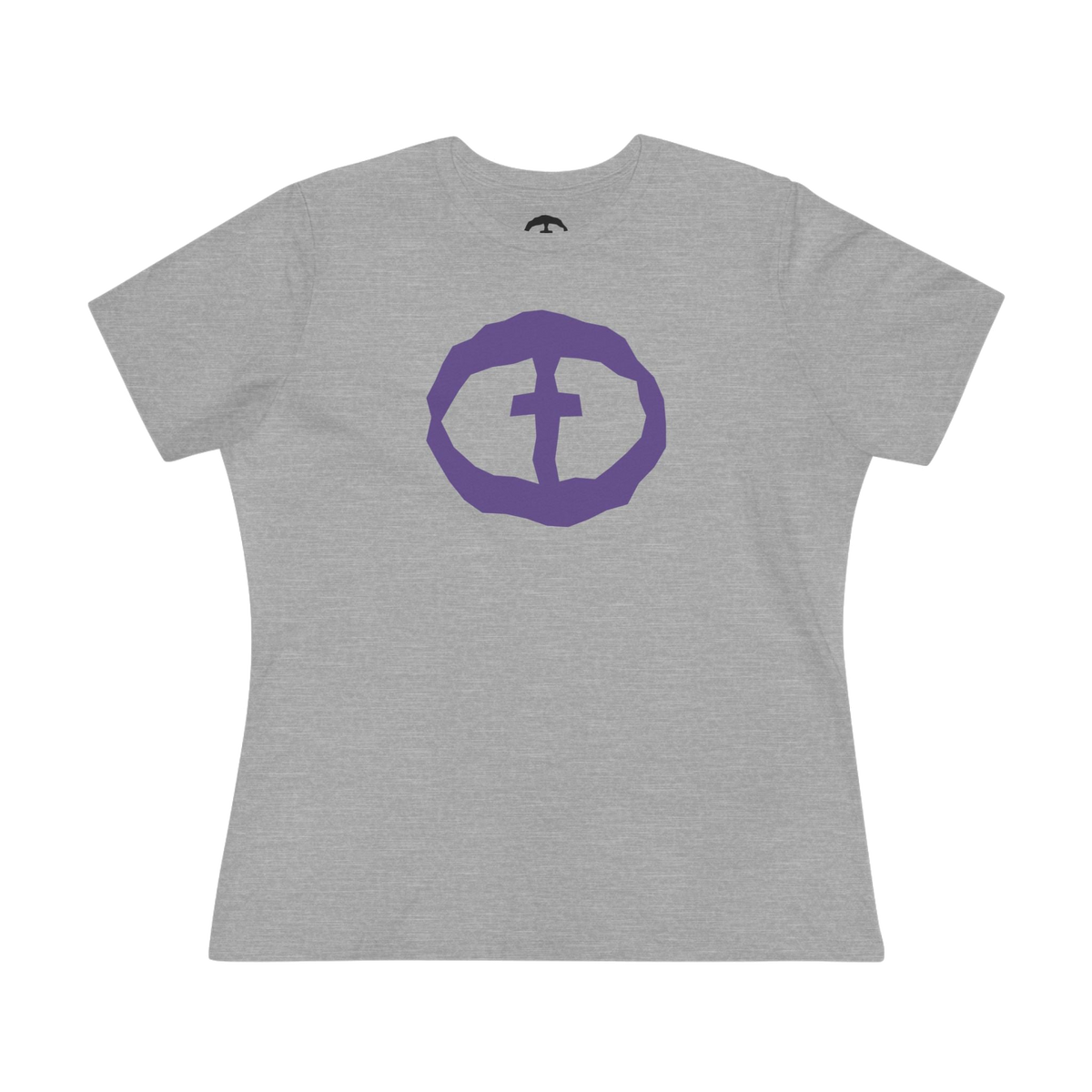 Front view of the athletic heather Women's Purple Rock and Salvation Front Graphic Tee.