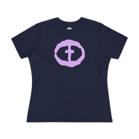 Front view of the navy Women's Purple Rock and Salvation Front Graphic Tee.