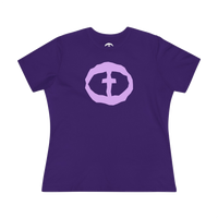 Front view of the team purple Women's Purple Rock and Salvation Front Graphic Tee.