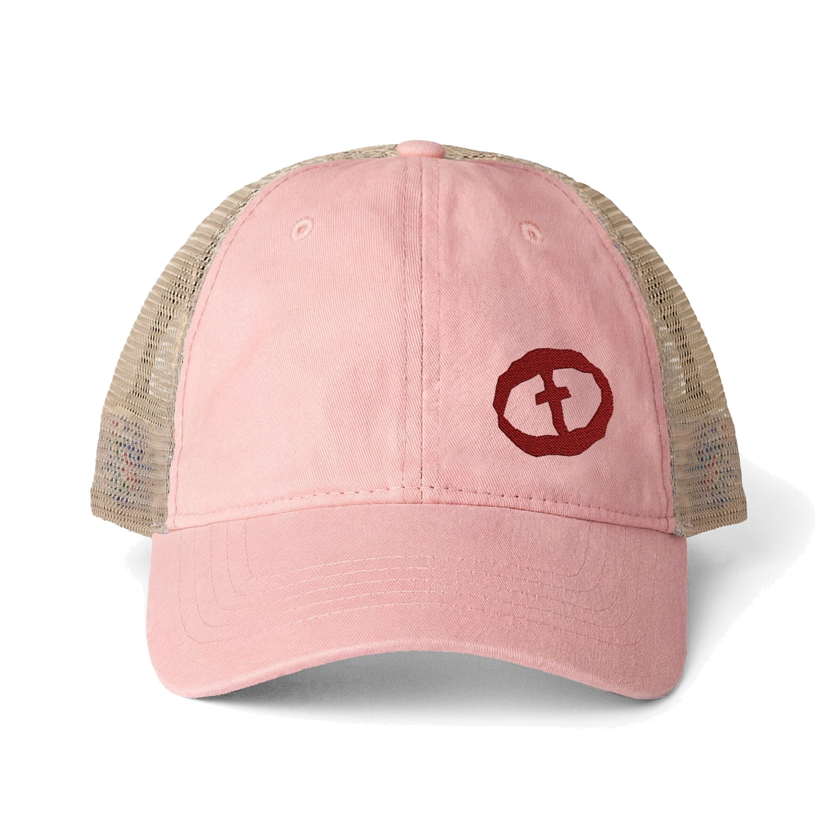 Front view of the dusty pink / floral Women's Ponytail Cap - Small Graphic - Pink.