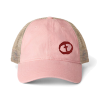 Front view of the dusty pink / floral Women's Ponytail Cap - Small Graphic - Pink.