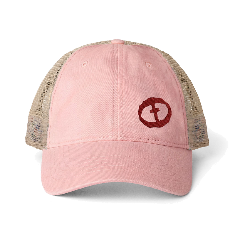 Front view of the dusty pink / floral Women's Ponytail Cap - Small Graphic - Pink.