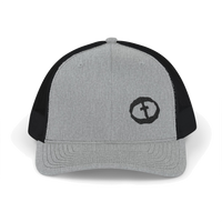 Front view of the heather grey / black Richardson 112 Cap Small Graphic - Black Rock and Salvation.