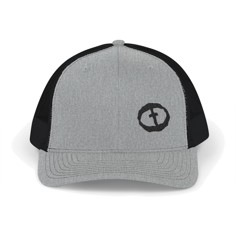 Front view of the heather grey / black Richardson 112 Cap Small Graphic - Black Rock and Salvation.