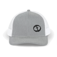 Front view of the heather grey / white Richardson 112 Cap Small Graphic - Black Rock and Salvation.