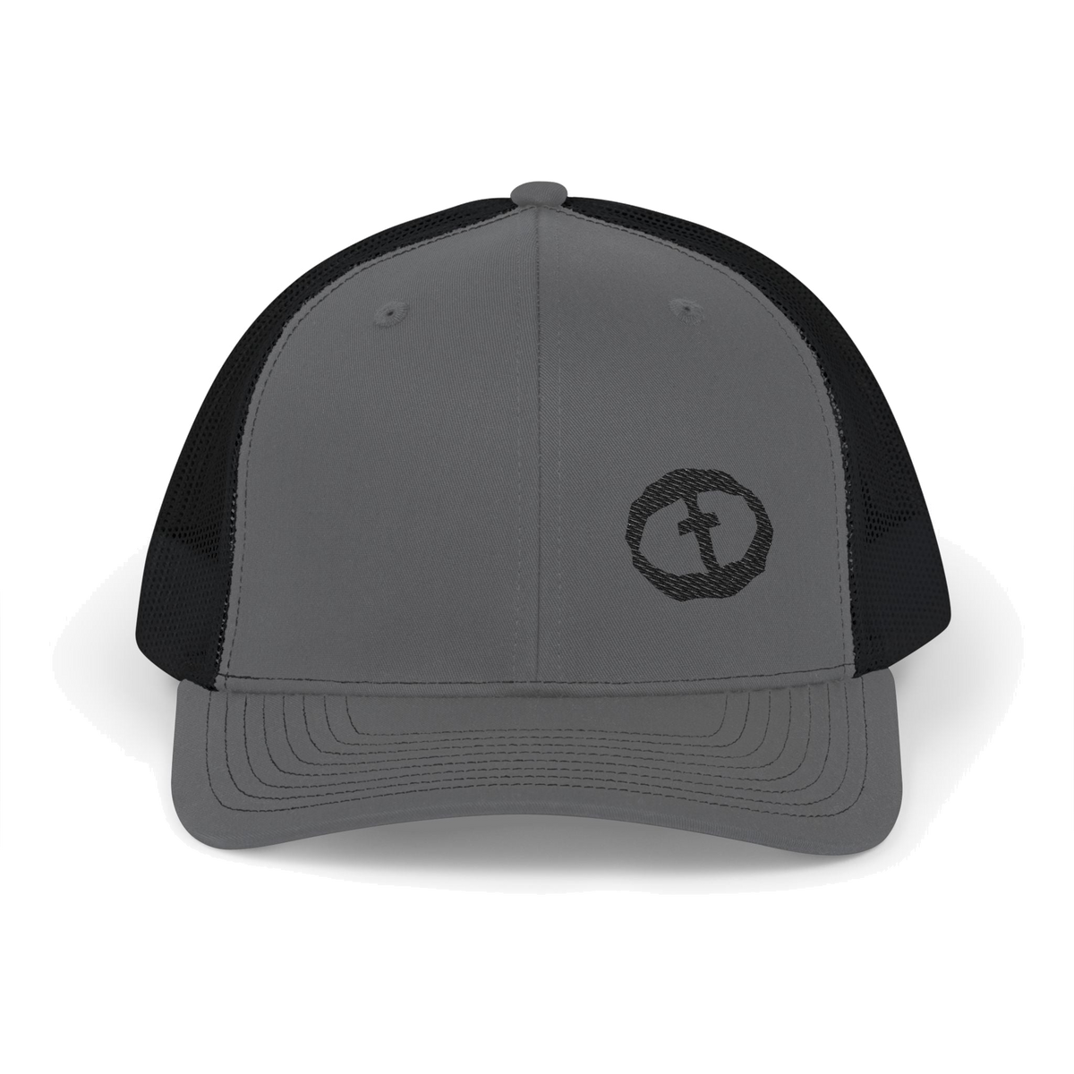 Front view of the charcoal / black Richardson 112 Cap Small Graphic - Black Rock and Salvation.
