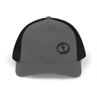 Front view of the charcoal / black Richardson 112 Cap Small Graphic - Black Rock and Salvation.