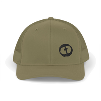 Front view of the loden Richardson 112 Cap Small Graphic - Black Rock and Salvation.