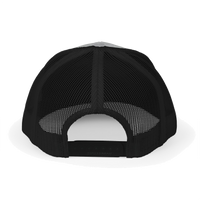 Back view of the heather grey / black Richardson 112 Cap Small Graphic - Black Rock and Salvation.